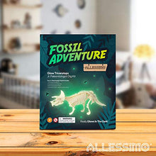 Load image into Gallery viewer, ALLESSIMO Fossil Adventure - Ancient Glow Rex Fossil Dig Kit, Dino Glow in-The-Dark Complete Archeology Excavation Kit for Kids, Dig and Assemble Your Own Glowing T.Rex Dinosaur for Boys and Girls

