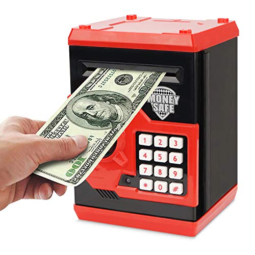 Adevena Electronic Piggy Bank, Mini ATM Password Money Bank Cash Coins Saving Box for Kids, Cartoon Safe Bank Box Perfect Toy Gifts for Boys Girls (Red)