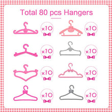 Load image into Gallery viewer, 80 Pieces Plastic Doll Clothes Hangers 11.5 Inch Doll Clothes Hangers Little Hangers for Girl Doll Clothes Dress Gown Outfit Holders Mini Doll Closet Accessories (Bow, Love, Pearl, Flower Style)
