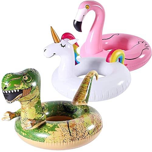 FindUWill 62'' Inflatable Dinosaur Pool Float, Inflatable Raft Water Fun Lounge Raft and 2 Pack 42'' Inflatable Pool Floats Flamingo Unicorn Swim Tube Rings, Fun Beach Floaties
