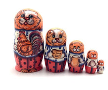 Load image into Gallery viewer, Orange Cat with Chiken Nesting Dolls Russian Hand Carved Hand Painted 5 Piece Matryoshka Set
