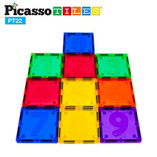 Load image into Gallery viewer, PicassoTiles PT22 Magnetic Building Blocks 22pc Numerical Magnet Tiles Educational Kit Toy Set 3D Clear Color Stacking Block STEM Playboard Novelty Game w/ Numbers, Roman Numerals, and Math Symbols
