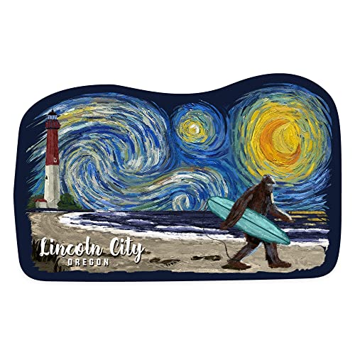 Lincoln City, Oregon, Starry Night, Bigfoot on The Beach, Contour Vinyl Die-Cut Sticker 1 to 3 inches (Waterproof Decal for Cars, Water Bottles, Laptops, Coolers), Small