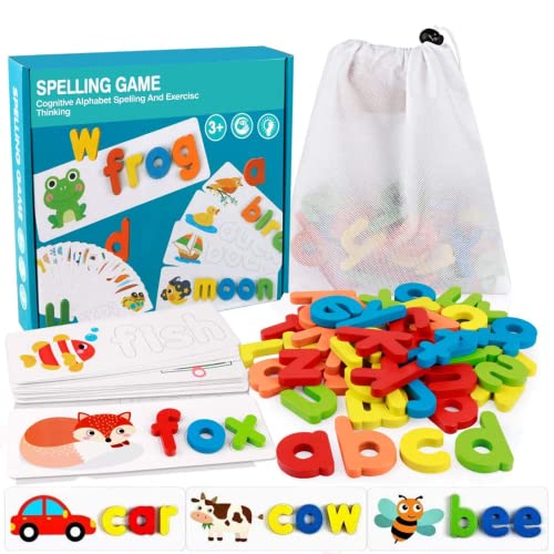 MASTOUR See and Spell Learning Toys,Matching Letter Game Words for Kids ,Educational Learning Toys for Preschool Kindergarten 3-7 Year Old Girls Boys (28 Cards+52 Letters)