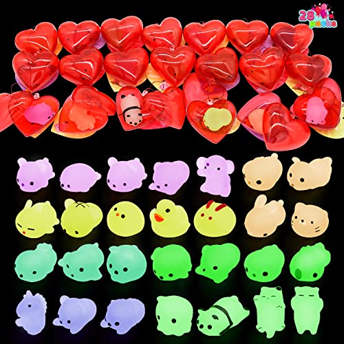 JOYIN 28 Packs Valentine Kids Party Favors Set with 28 Glow In The Dark Mochi Squishy Filled Hearts and Valentine Cards for Kids Classroom Exchange, Kawaii Stress Relief Toys for Kids Valentine Celebr