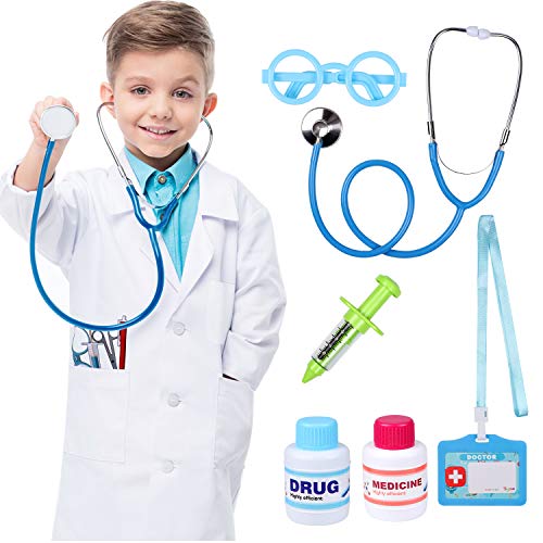 Doctor Costume Kit for kids Dress up & Pretend Play Educational Toys with Doctor Coat, Stethoscope & Medical Set Birthday Gifts for Toddler Boys Girls Age 3 4 5 6 7 8 Years Old