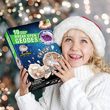 Load image into Gallery viewer, XXTOYS Break Open 10 Premium Geodes  Includes Goggles, Detailed Learning Guide &amp; 2 Display Stands - Great Stem Science Gift for Mineralogy &amp; Geology Enthusiasts of Any Age
