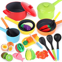 Load image into Gallery viewer, GILOBABY Pretend Play Kitchen Accessories Playset, Kids Cooking Toys with Cutting Play Food &amp; Vegetables, Cookware Pots and Pans Set, Birthday Gifts for Children Toddlers Boys Girls Age 3-5
