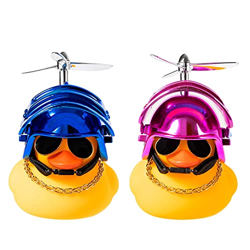 Haooryx 2 Pack Rubber Duck Toys Car Decorations Cool Helmet Yellow Duck Car Dashboard Ornaments Set, Blue and Pink Rubber Ducks with Propellers Helmet, Sunglasses, Gold Chain for Adults, Kids Gift