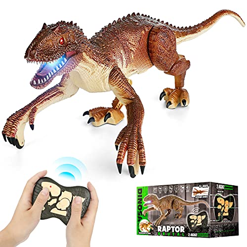 Dawdix Remote Control Dinosaur, RC Dinosaur Toy with LED Light & Sound, Rechargeable 2.4Ghz Simulation Realistic Walking and Roaring Velociraptor for Kids