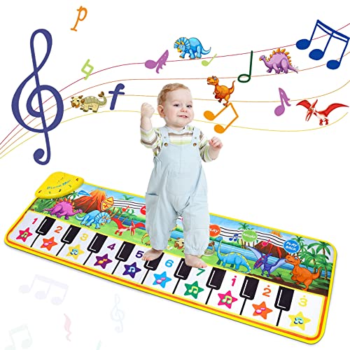 M SANMERSEN Piano Mat for Kids, 43 x 14 Dinosaur Floor Keyboard Music Dance Play Mat with 10 Demo Songs/ 8 Dinosaur Sounds/ Adjustable Volume/ Record/ Playback Musical Mat Toys Gift for Boys Girls