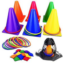 Load image into Gallery viewer, unanscre 31PCS 3 in 1 Carnival Outdoor Games Combo Set for Kids, Soft Plastic Cones Bean Bags Ring Toss Game, Gift for Birthday Party/Xmas
