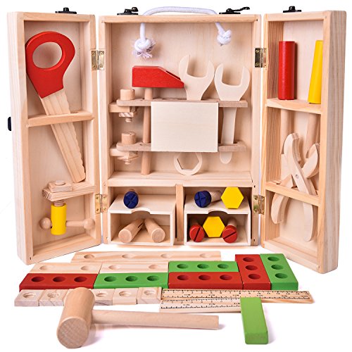 FUN LITTLE TOYS 43 PCs Kids Tool Box Wooden Toys Set, Kids Tool Kits, Boy Gift Learning Toy Construction Set Pretend Playset Gift for Kids
