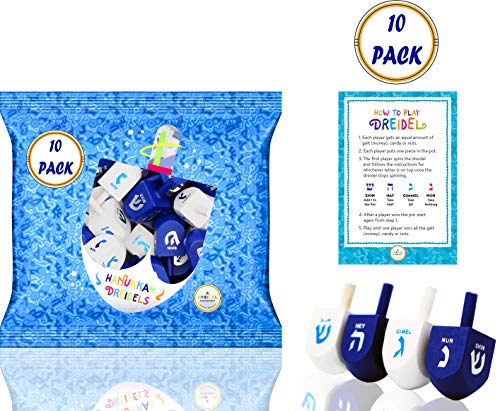Hanukkah Dreidel Bulk Solid Blue & White Wooden Dreidels Hand Painted - Includes Game Instruction Cards! (10-Pack)
