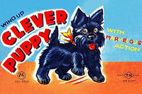 The Scotty or Scottish Terrier was a great model for this tin toy recreation of a dog This wind-up toy provided joy for children without the responsibilities of a real pet This graphic art is from a