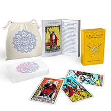 Load image into Gallery viewer, Sagesight Classic Tarot Cards Deck with Guidebook &amp; Premium Linen Carry Bag - Original Pamela Colman Smith Artwork - Tarot Cards for Beginners and Experts (Light)
