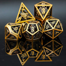 Load image into Gallery viewer, UDIXI Metal DND Dice Set - Metal Dice Hollow Shield for Role Playing Games, 7 die Polyhedral Dice Set for Dungeons and Dragons MTG Pathfinder,RPG dice for Table Games (Shield Ancient Golden)
