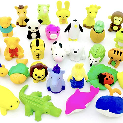 OHill Pack of 32 Animal Erasers Bulk Kids Pencil Erasers Puzzle Erasers Mini Novelty Erasers for Classroom Rewards, Party Favors, Games Prizes, Carnivals Gift and School Supplies