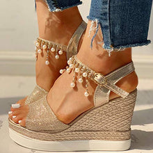 Load image into Gallery viewer, HIRIRI Womens Strappy Platform Wedge Sandals Open Toe High Heeled Gladiator Sandals Crystal Pearl Shoes Gold
