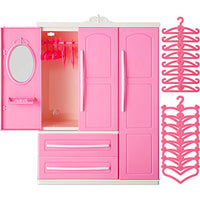 Doll Closet Furniture Wardrobe Clothing Organizer Doll Open Wardrobe Dollhouse Closet with 20 Pieces Doll Hangers 2 Style Pink Plastic Hangers Dollhouse Furniture Accessories (Classic Style)