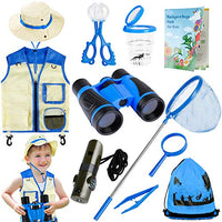 INNOCHEER Explorer Kit & Bug Catcher Kit for Kids Outdoor Exploration with Vest, Hat, Binocular, Telescopic Butterfly Net, Magnifying Glass, Whistle and Bugs Book for Boys Girls 3-12 Years Old (Blue)
