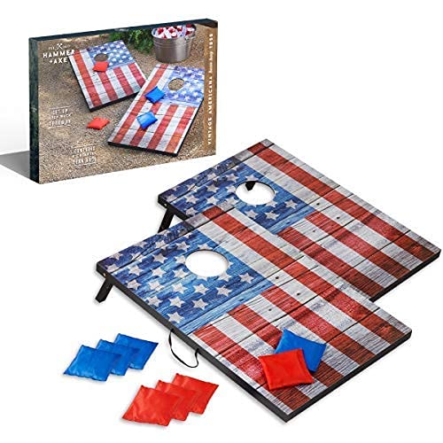 Hammer + Axe Bean Bag Cornhole Set Game American Flag Edition Includes- 8 Bean Bags, Two Regulation Quality 4x2 Boards