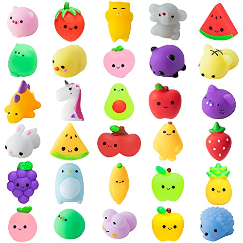 MALLMALL6 30Pcs Mochi Squeeze Toys for Kids Party Decorations Favors Stress Relief Birthday Gift Treat Goodie Bags Random Fruit and Animals Shape Kawaii Mini Toys Classroom Prize for Boys Girls
