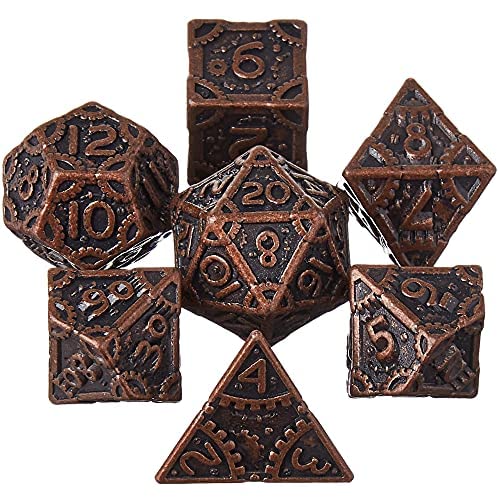 Wiz Dice - Steampunk Metal Dice Set - Polyhedral Dice Set for Tabletop RPG Adventure Games - DND Dice Set, Suitable for Dungeons and Dragons and Dice Games Alike - Ancient Copper - 16mm - 7 ct