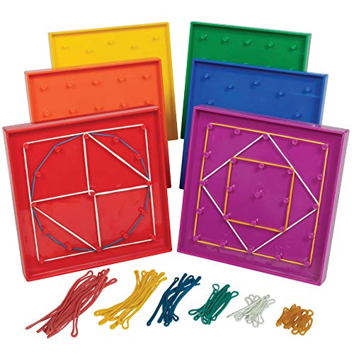 edxeducation Double-Sided Geoboard Set - in Home Learning Manipulative for Geometry and Creativity - 5 x 5 Grid/12 Pin Circular Array - Set of 6 with Rubber Bands