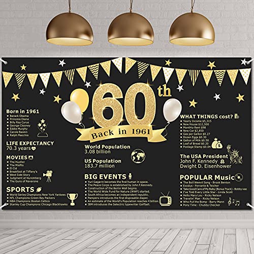60th Birthday Party Decorations Supplies Back in 1961 Banner 60 Years Old Birthday Party Backdrop Banner Sign Photography Background Photo Booth Black and Gold for Men and Women, 70.8 x 43.3 Inch