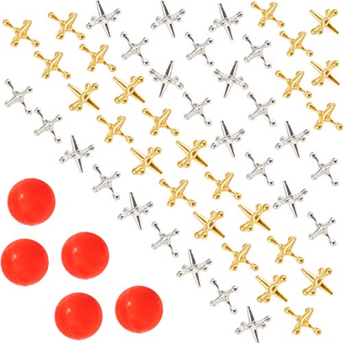 Biubee 5 Sets Retro Metal Jacks and Ball Game- 50 Pcs Gold and Silver Toned Jacks with 5 Red Rubber Bouncy Balls, Classic Game of Jacks for Party Favor, Game Prizes, Kids and Adult of All Ages