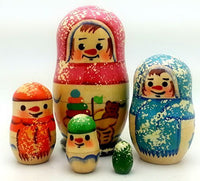 Snowman Russian Nesting Stacking Doll Hand Painted 5 Piece Set 4 inch Tall
