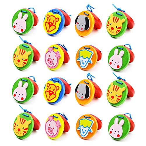 Foraineam 16 Pieces Finger Castanets, Wooden Mini Castanet Musical Instrument, Lovely Cute Animal Pattern Castanet