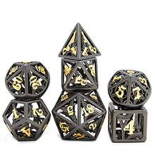 Load image into Gallery viewer, Hollow Metal DND Game dice Black 7-Piece Set Dungeon and Dragon Belt D &amp; D dice Pack, Pathfinder, MTG or Any Other Role Game etc.
