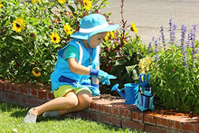 Load image into Gallery viewer, KidsGarden Set &amp;BucketHat Combo:Real Metal Tools &amp; Wooden Handles; Shovel, Rake &amp; Pitch Fork, Pitcher, Gloves &amp; Carrying Bag.Sure-Fit Adjustable Hat with Chin Strap &amp; Ventilation Panels. Blue S/M
