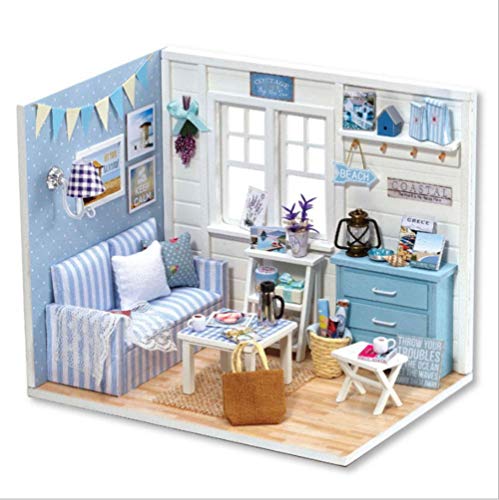 DIY Doll Houses Miniature Dollhouse Wooden Toys for Children Birthday Gift for Child and Campus Couple Great Choice for Home Decor (Blue)