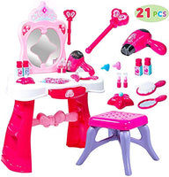Toddler Fantasy Vanity Beauty Dresser Table Play set with Lights, Sounds, Chair, Fashion & Makeup Accessories for Kid and Pretend Play, Toy for 3,4,5 yrs kids