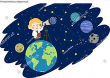 Load image into Gallery viewer, KwikMedia Illustration of a Kid Boy Using a Telescope on Top of The World Looking at The Planets and Stars in The Space

