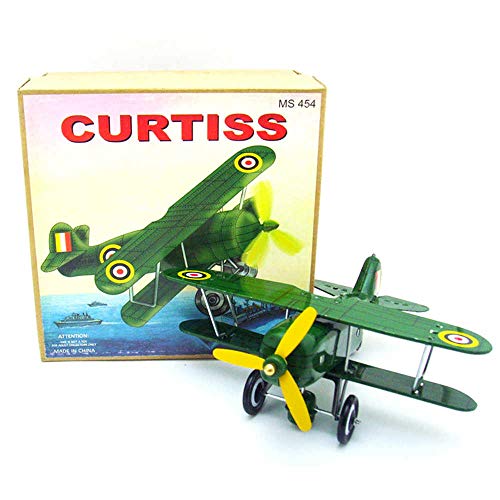 Charmgle Schylling Tin Toy Curtiss Bi-Plane Boxed Complete with Wind-Up Key Home Party Decoration Collection Gift (Green)