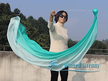 Load image into Gallery viewer, Winged Sirenny Single Piece 70&quot; Play Silk Scarf with Poi Ball, Colorful Silk Flag Ribbon Streamer, Belly Dance Practice VOI (Peacock Green Fading)
