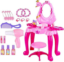 Load image into Gallery viewer, BUYT Vanity Table Set Electric Take Along Salon Vanity Playset Activities with Mirror and Working Hair Dryer Makeup Table Pretend Dress Up Dressing Makeup Table
