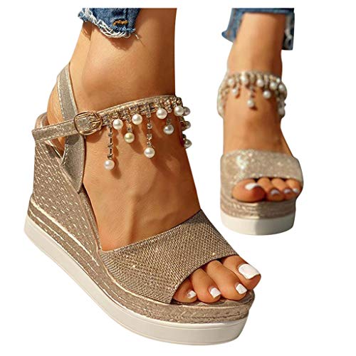 HIRIRI Womens Strappy Platform Wedge Sandals Open Toe High Heeled Gladiator Sandals Crystal Pearl Shoes Gold