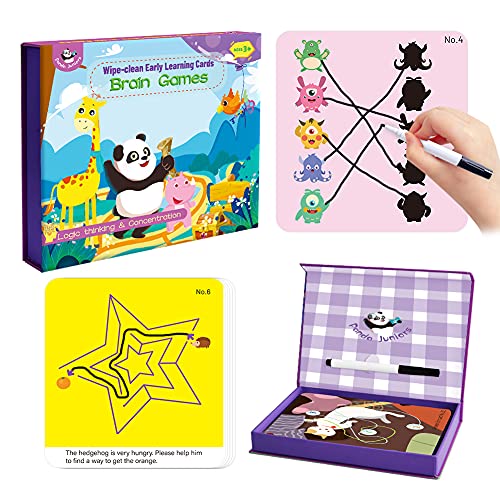 Panda Juniors Brain Games Flash Cards, Early Learning Flash Cards Toys Write and Wipe Practice Card, Preschool Educational Toys for 3 4 5 6 7 8 Years Old (30 Flashcards and Marker)