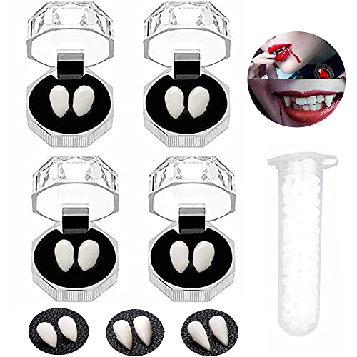 Dropower 4pairs Vampire Fangs Teeth with Adhesive Included Storage Halloween Plastic Fake Tooth Cosplay Party Props Favors for Women Men