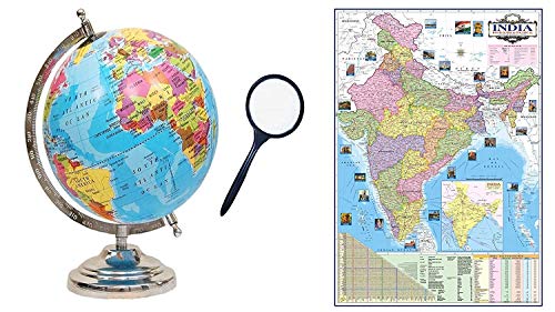 GeoKraft Political Educational Laminated 8 Inch Diameter Globe with Steel Finish Arc and Base / World Globe / Home Decor / Office Decor / Gift Item (Blue)