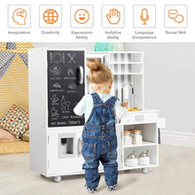 Load image into Gallery viewer, KOTEK Wooden Play Kitchen for Kids Toddlers, Pretend Play Cooking Playset with Simulated Sound and Lights, 7 Accessory Utensils, Blackboard, Sink, Fridge, Stovetop, Cabinets, Tiny Size Kitchen Playset
