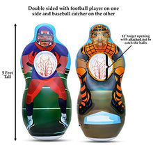 Load image into Gallery viewer, Inflatable Two Sided Football &amp; Baseball Target Set - Includes One Inflatable 5 Foot Tall Target (Football Player on one side and Baseball Catcher on 2nd Side), a Soft Mini Football and Mini Baseball
