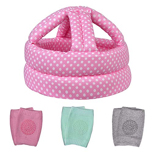 TORASO Baby Head Protector & Baby Knee Pads for Crawling, Infant Safety Helmet & Walking Baby Helmet, for Age 6-36 Months, Pink Dots(B)