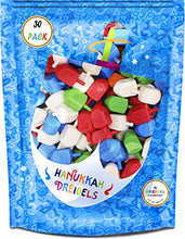 Load image into Gallery viewer, Hanukkah Dreidels 30 Bulk Pack Multi-Color Plastic Chanukah Draydels With English Transliteration In Reusable Ziplock Bag- Includes 3 Dreidel Game Instruction Cards (30-Pack)
