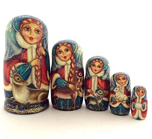 Unique Russian Nesting Dolls Hand Carved Hand Painted 5 Piece Set 7.25